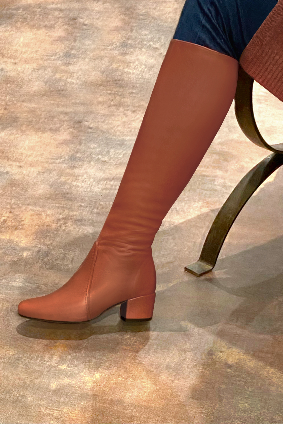 Terracotta orange women's feminine knee-high boots. Round toe. Low flare heels. Made to measure. Worn view - Florence KOOIJMAN